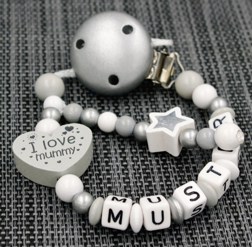 Schnullerkette mit Namen - I ♥ Mummy "Muster"