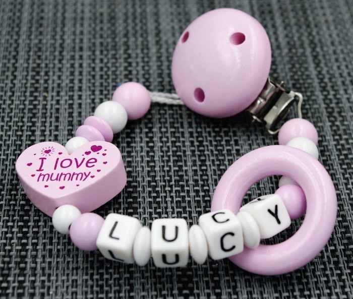 Schnullerkette mit Namen - I ♥ Mummy "Lucy"