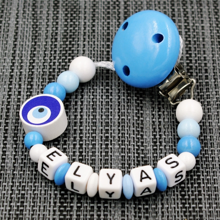 Schnullerkette mit Namen - Nazar Auge "Elyas"